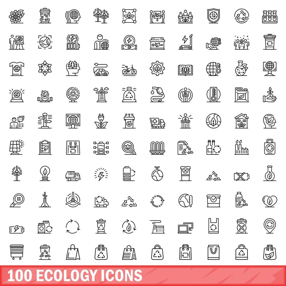100 icone di ecologia impostate, stile contorno vettore
