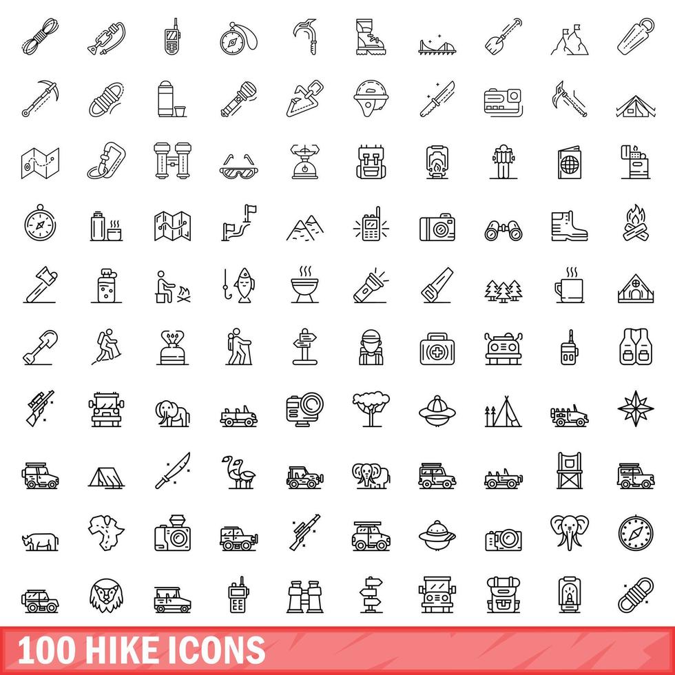 100 icone di escursione impostate, stile contorno vettore