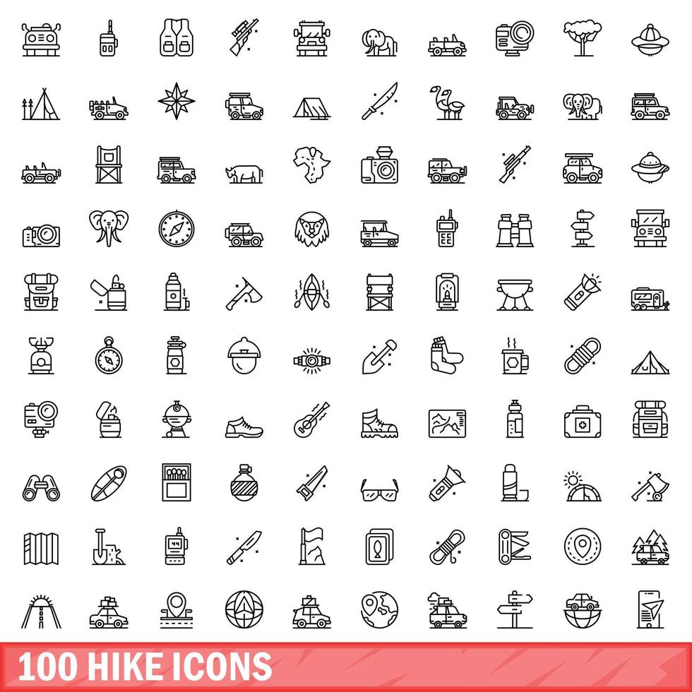 100 icone di escursione impostate, stile contorno vettore