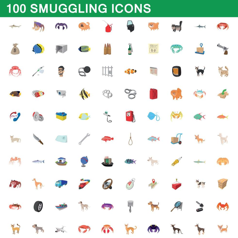 100 set di icone di contrabbando, stile cartone animato vettore