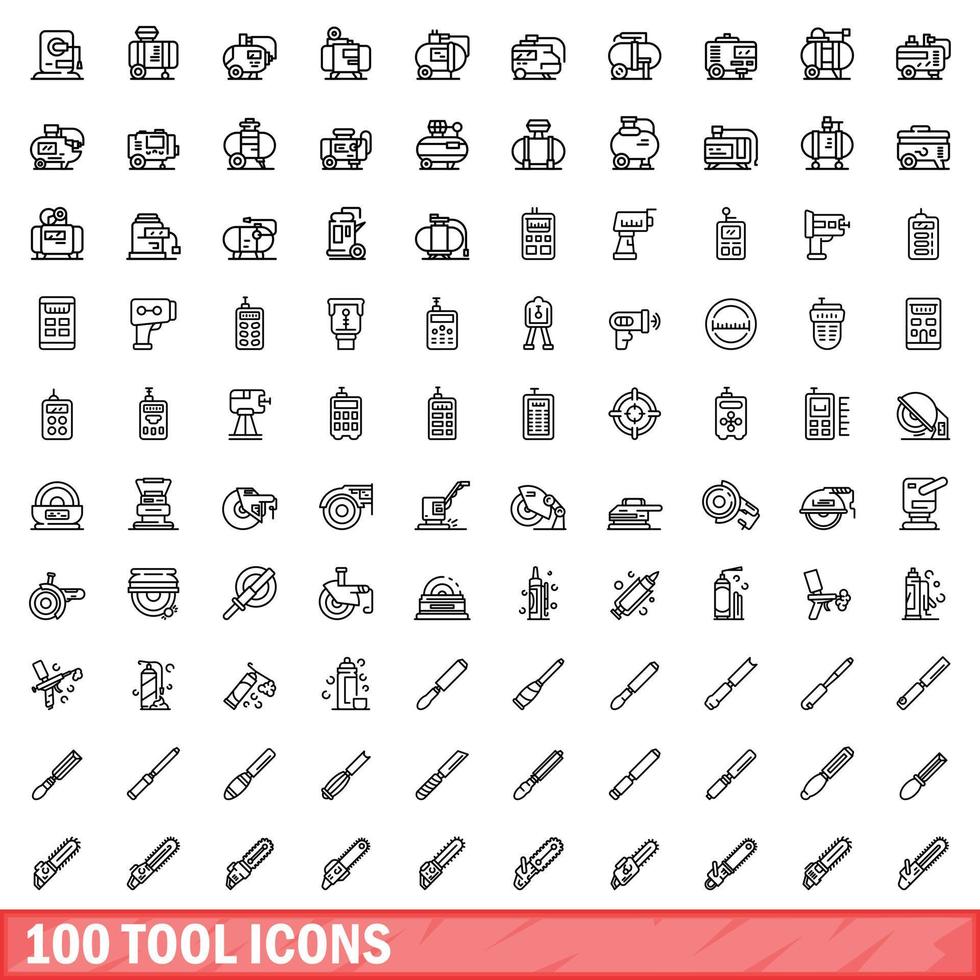 100 icone degli strumenti impostate, stile contorno vettore