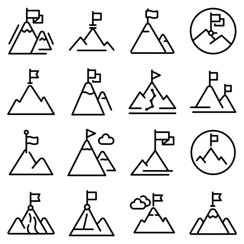 bandiera sulla montagna set di icone, stile contorno vettore