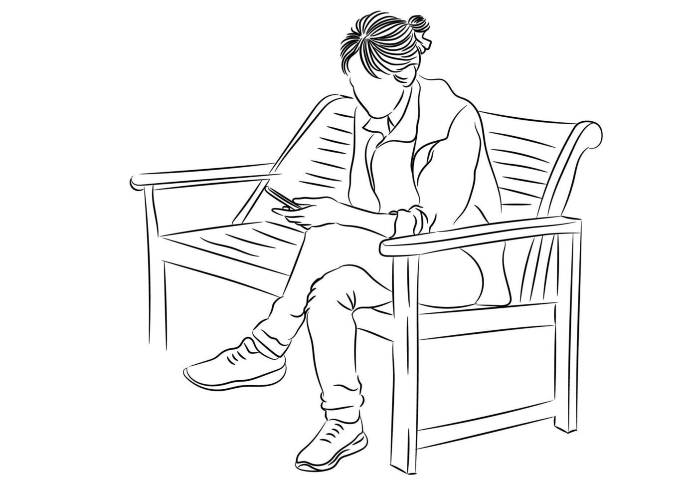 disegno contorno donna d'affari sedersi su una sedia e utilizzare uno smartphone, illustrazione vettoriale isolato su sfondo bianco