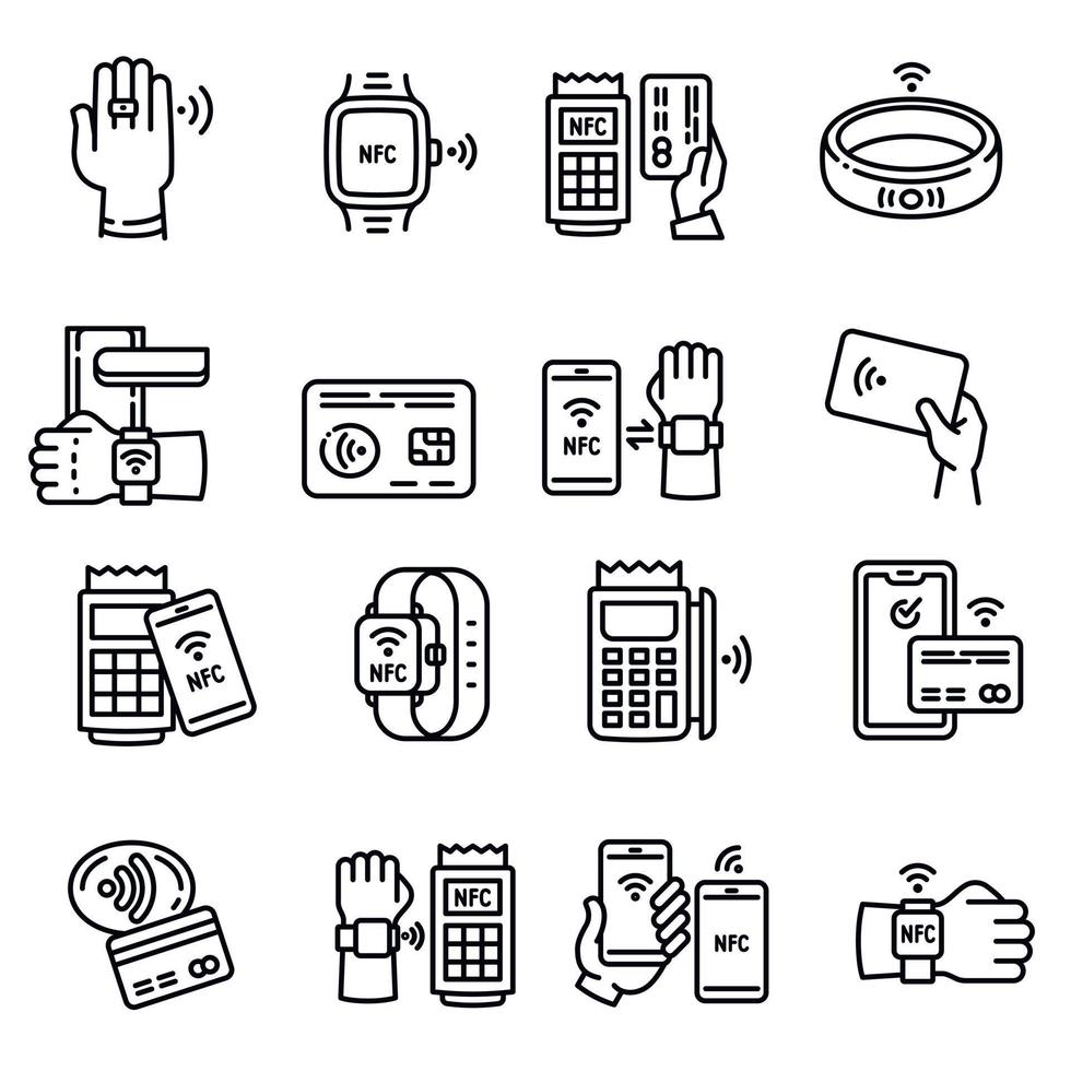 set di icone della tecnologia NFC, stile contorno vettore