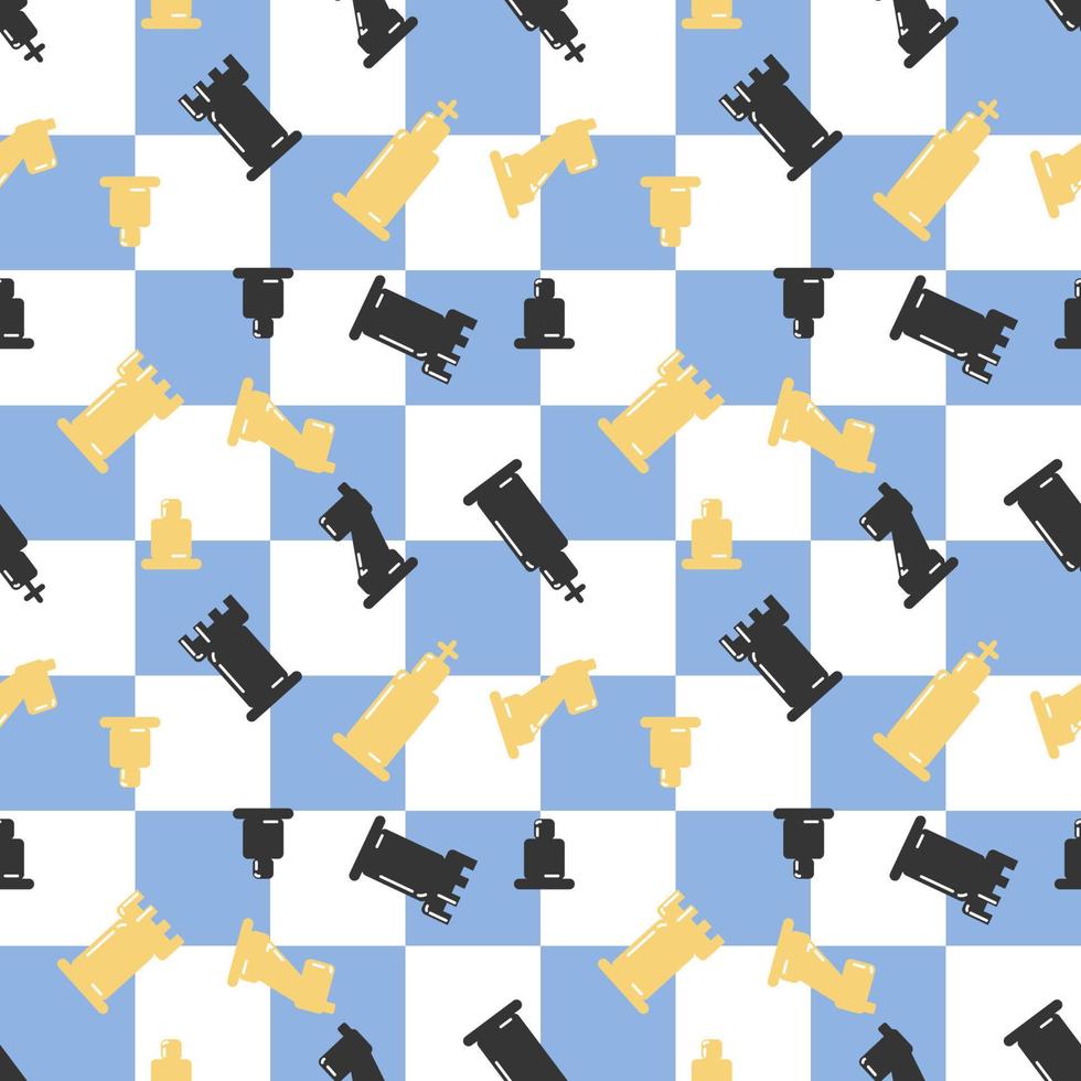 scacchiera con motivo a scacchi senza cuciture. check bianco blu. giorno degli scacchi. illustrazione vettoriale del modello del pedone del cavaliere del cavallo del castello della torre del re