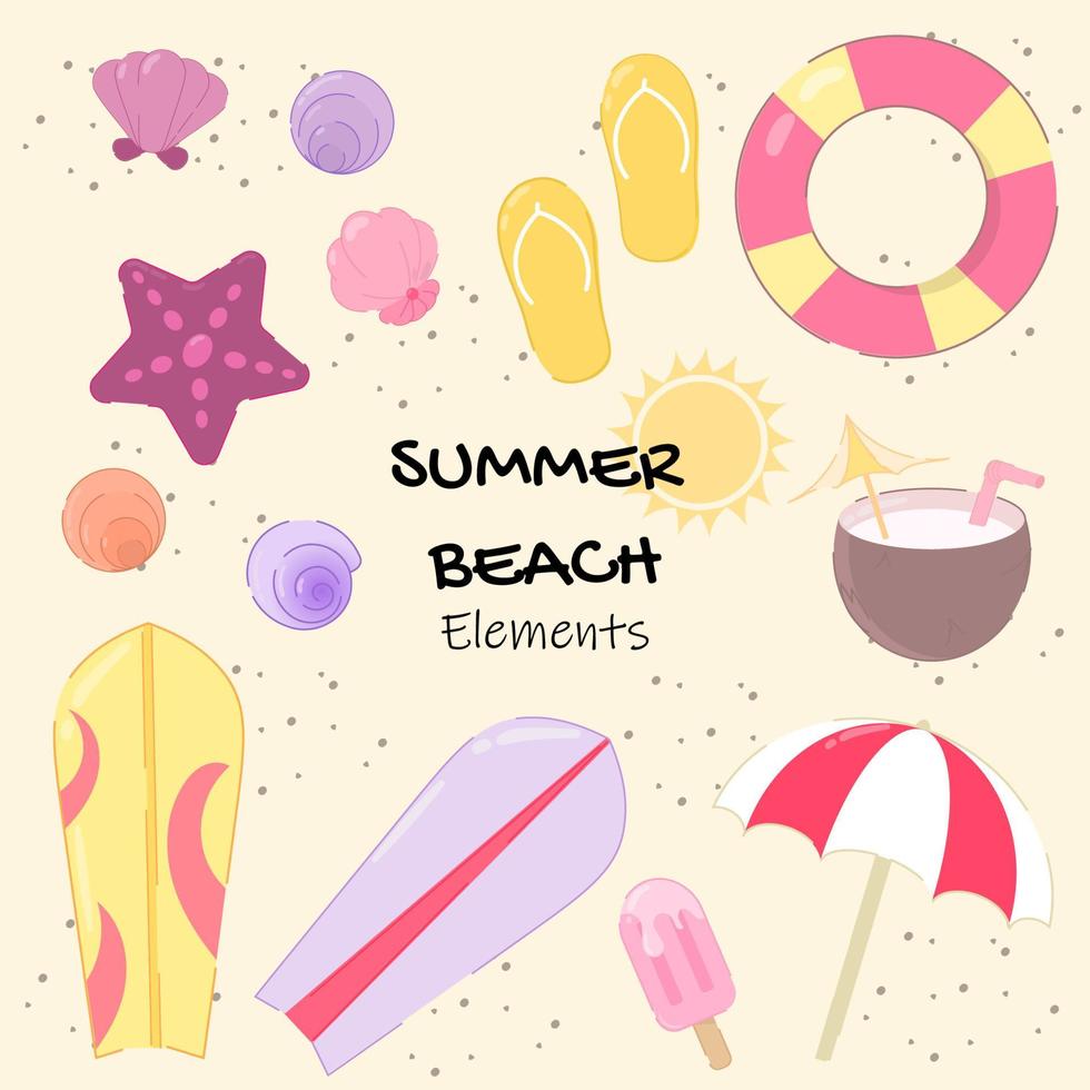 illustrazione di design piatto della collezione di elementi da spiaggia estiva con conchiglie colorate, infradito, tavola da surf, cocco, ombrellone e gelato. può essere utilizzato per icone o poster. vettore