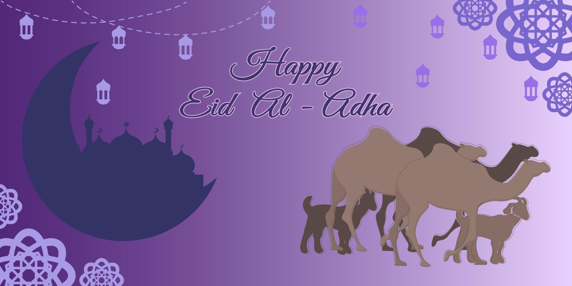 banner felice eid al adha con silhouette di moschea, cammelli e capre. può essere utilizzato per poster, sfondo e sfondo. vettore