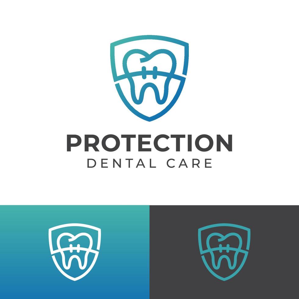 protezione dei denti sani con parentesi graffe e simbolo dello scudo per la cura dei denti o il design del logo dei dentisti vettore