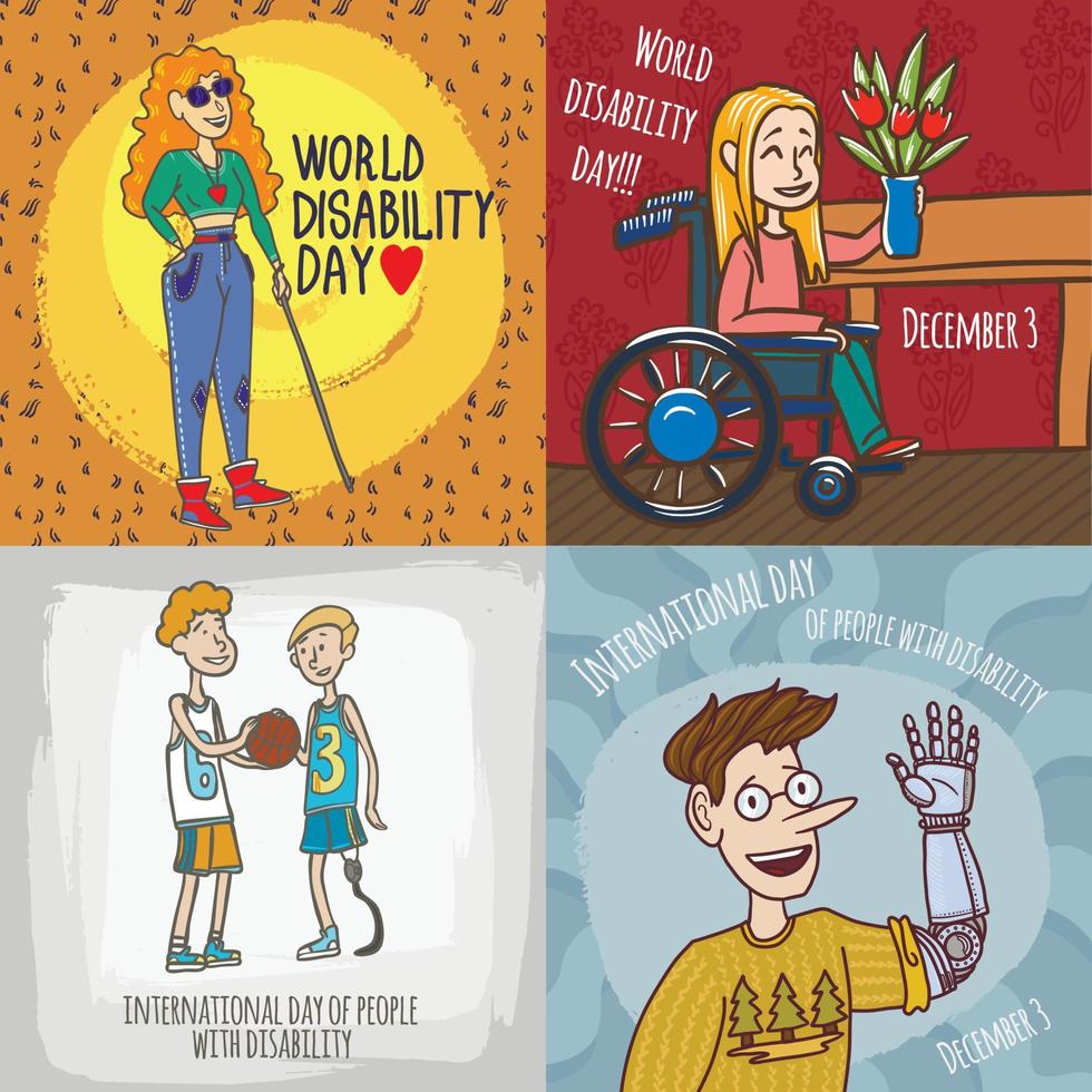 set di banner per disabilità delle persone diurne, stile disegnato a mano vettore