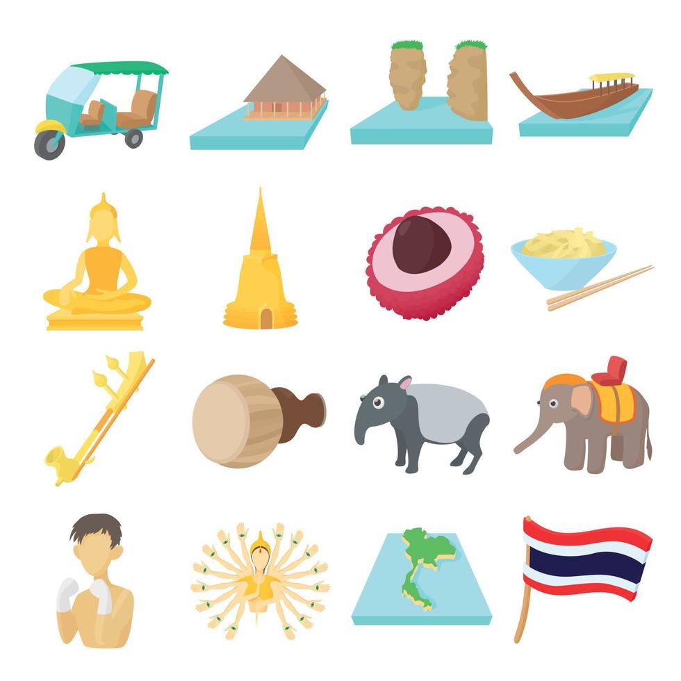 set di icone thailandia, stile cartone animato vettore