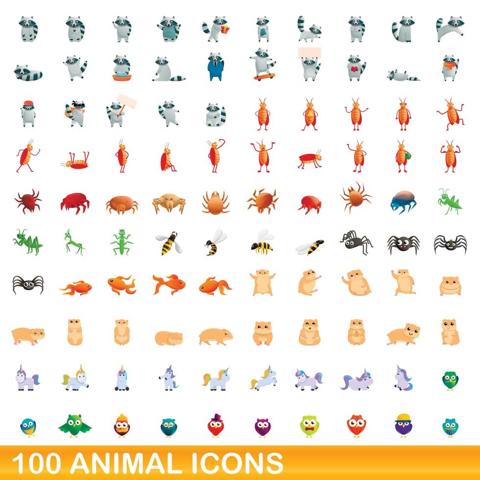 100 icone animali impostate, stile cartone animato vettore