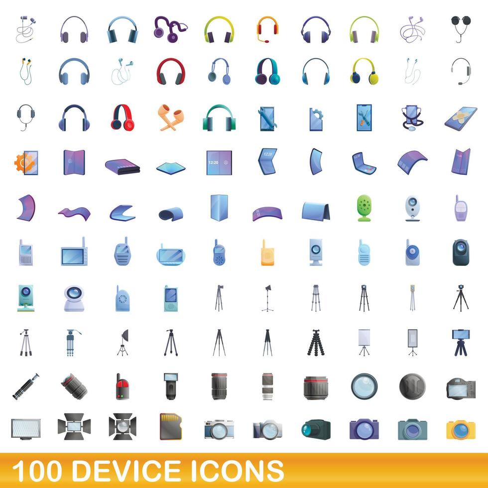 100 icone del dispositivo impostate, stile cartone animato vettore