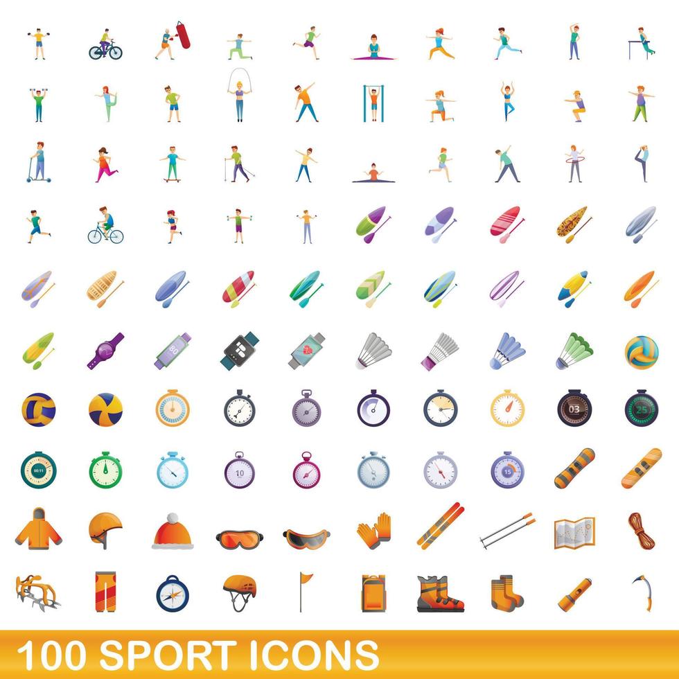 100 icone di sport impostate, stile cartone animato vettore