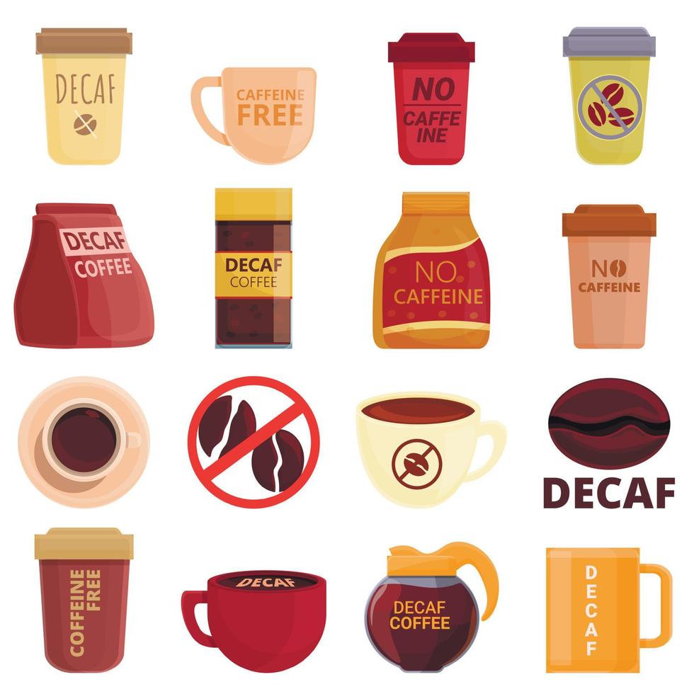 set di icone di caffè decaffeinato, stile cartone animato vettore