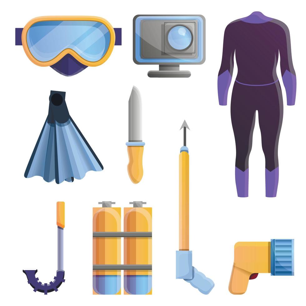 set di icone dell'attrezzatura per lo snorkeling, stile cartone animato vettore