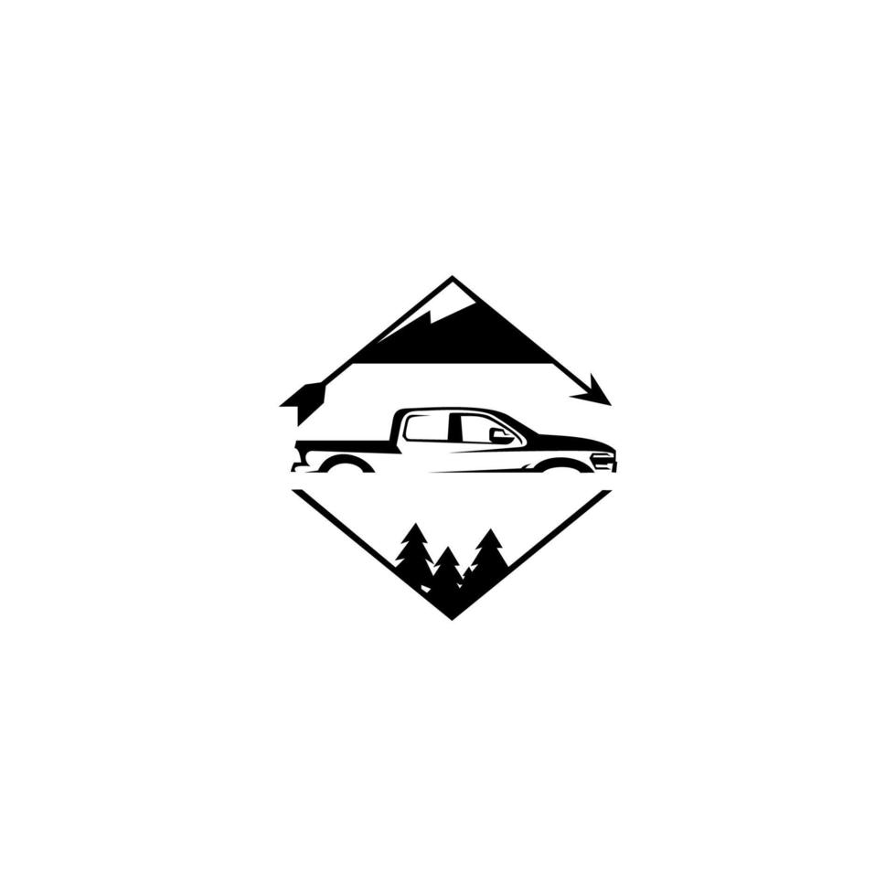 elementi di design del camioncino. spedizione in montagna, logo scudo. avventura all'aperto monocromatica retrò e badge di montagna. vettore