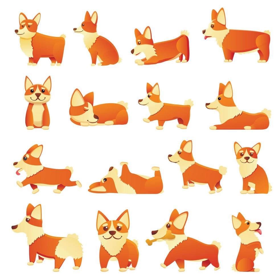 Corgi cani set di icone, stile cartone animato vettore