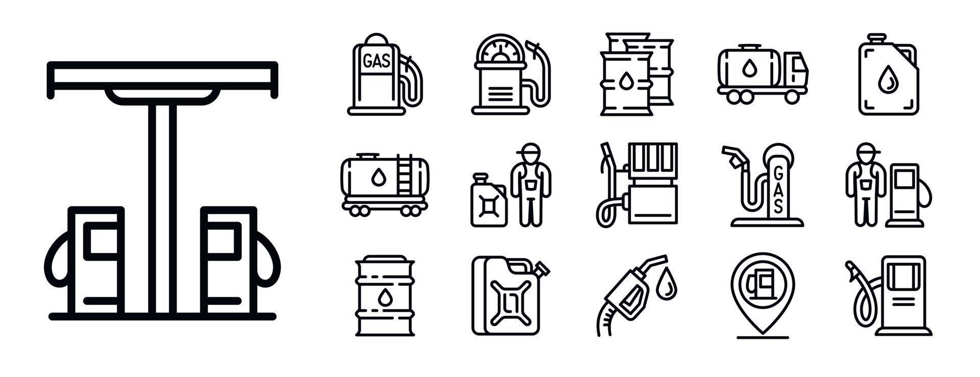 Set di icone per distributori di benzina, stile contorno vettore
