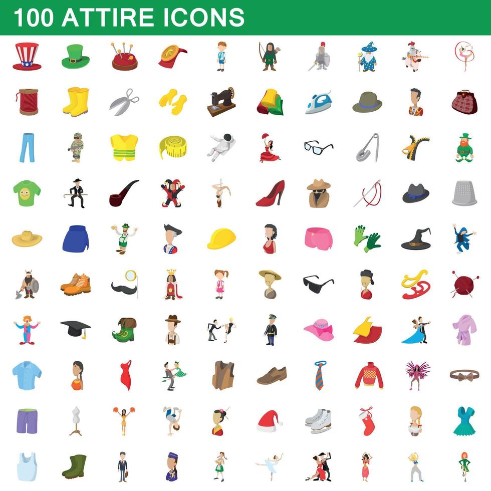 100 icone di abbigliamento impostate, stile cartone animato vettore