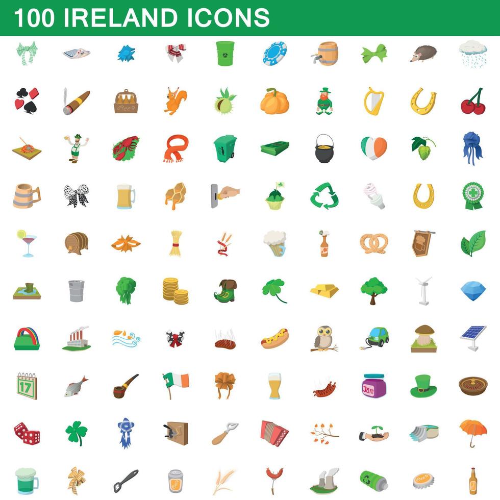 100 set di icone dell'Irlanda, stile cartone animato vettore