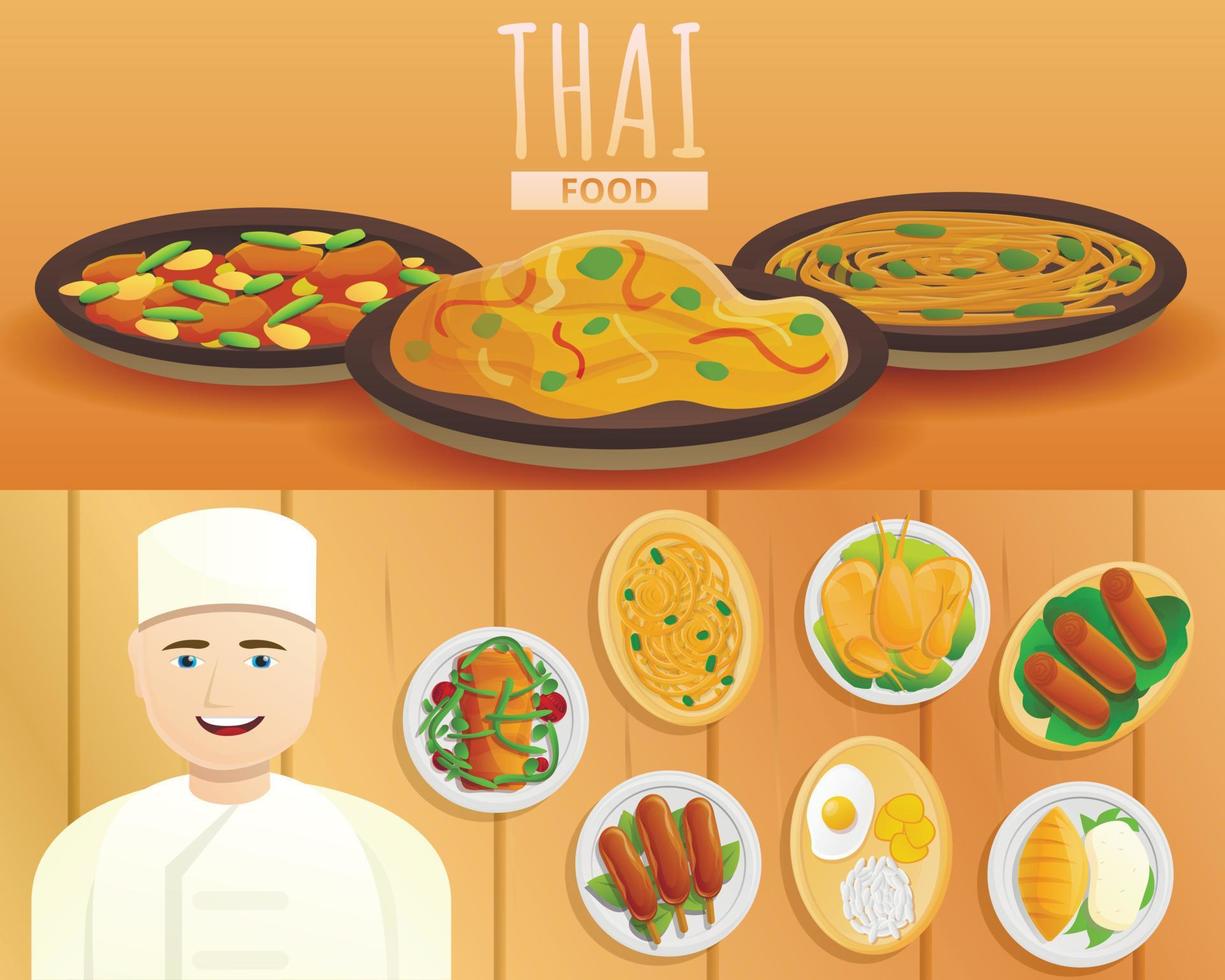 set di banner di cibo tailandese, stile cartone animato vettore