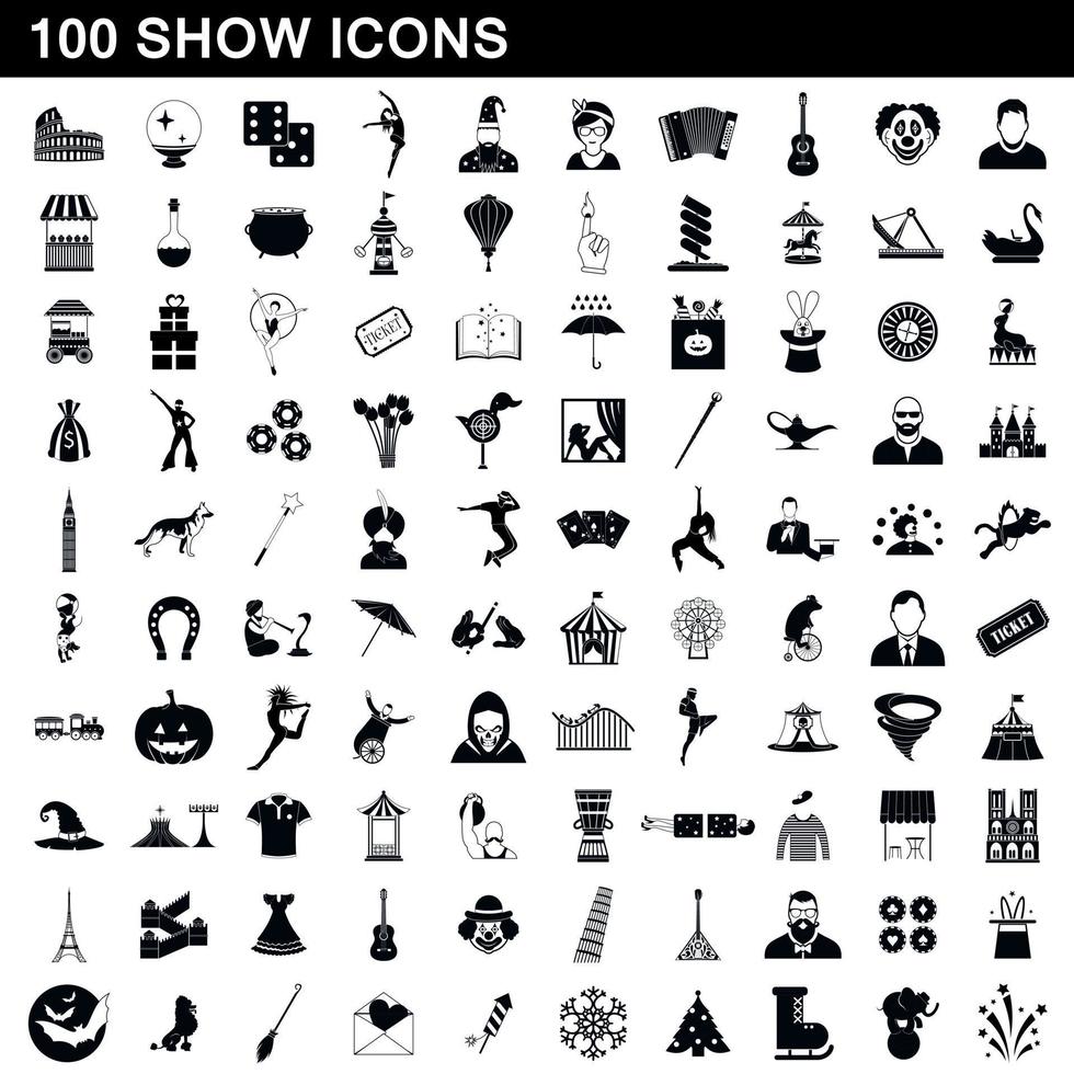 100 icone dello spettacolo impostate, stile semplice vettore