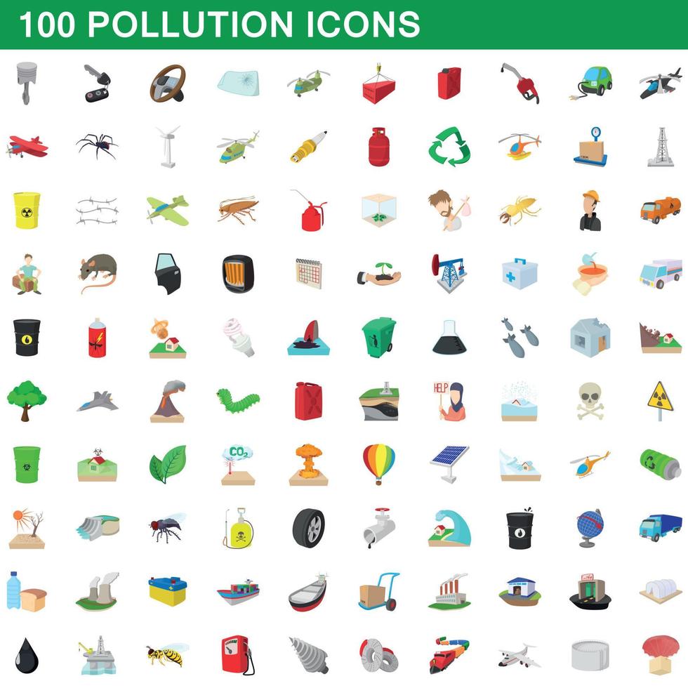 100 icone di inquinamento impostate, stile cartone animato vettore