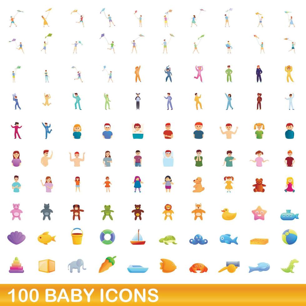100 icone del bambino impostate, stile cartone animato vettore
