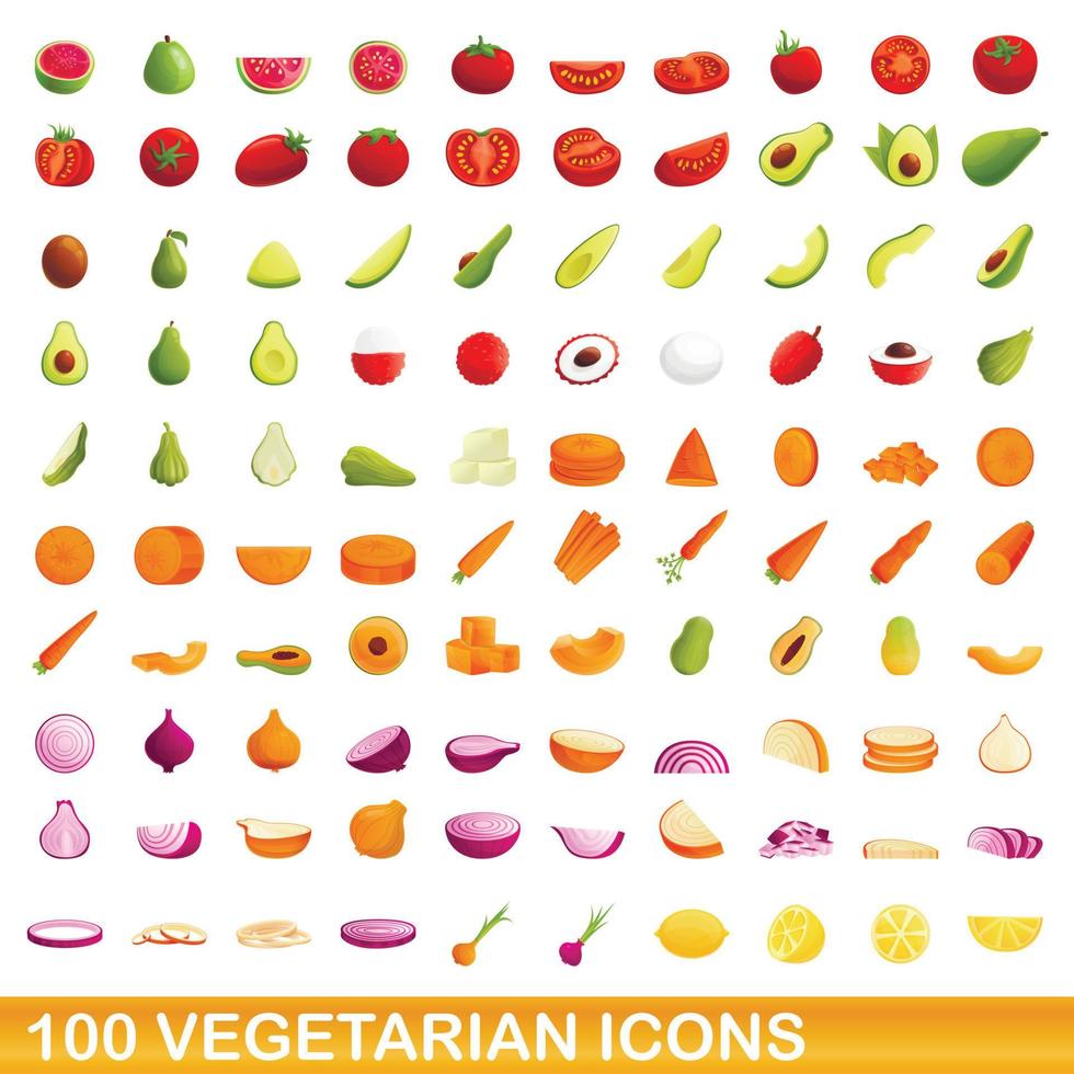 100 icone vegetariane impostate, stile cartone animato vettore