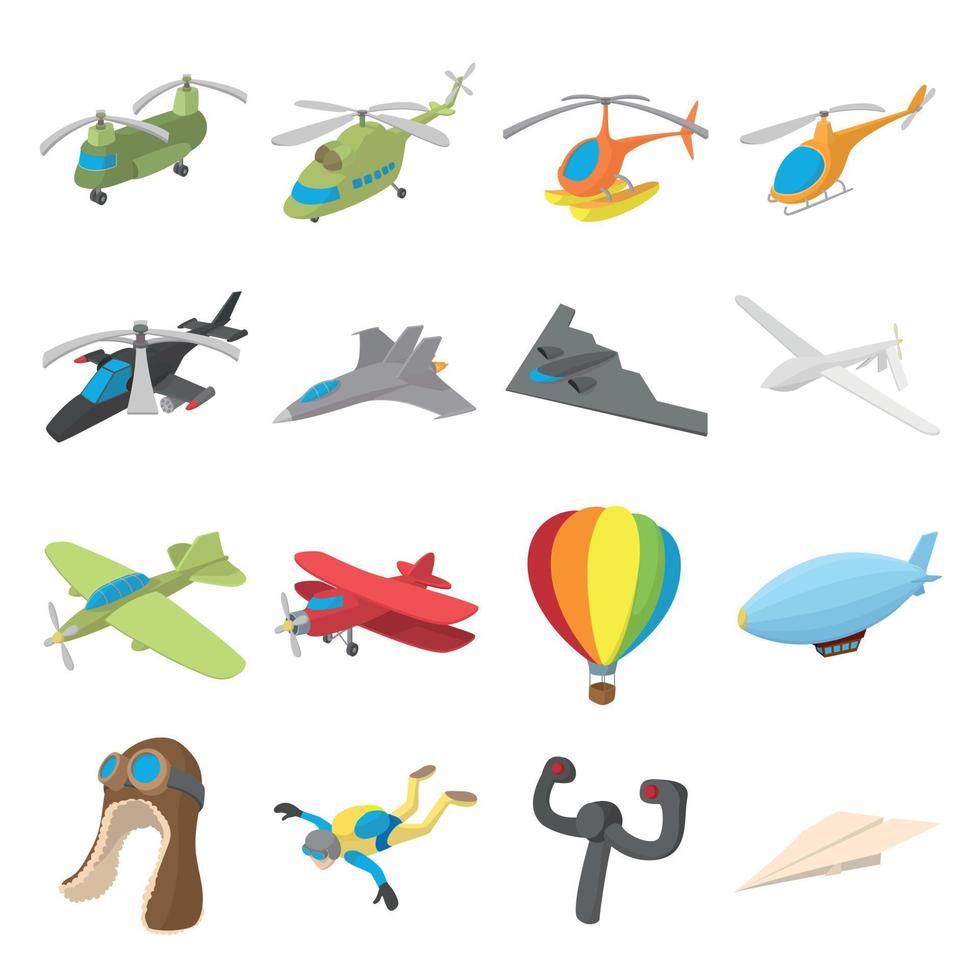 set di icone dell'aviazione, stile cartone animato vettore