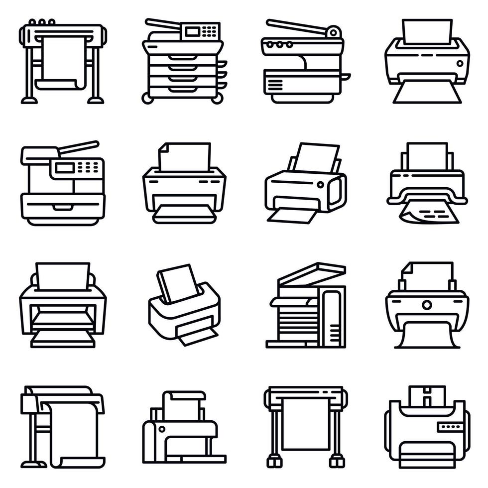 set di icone della stampante, stile contorno vettore