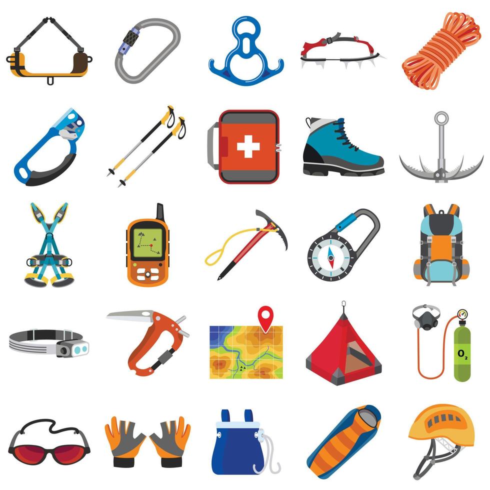 attrezzature per alpinismo set di icone, stile piatto vettore