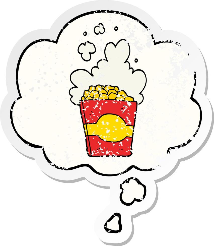 popcorn dei cartoni animati e bolle di pensiero come un adesivo consumato in difficoltà vettore