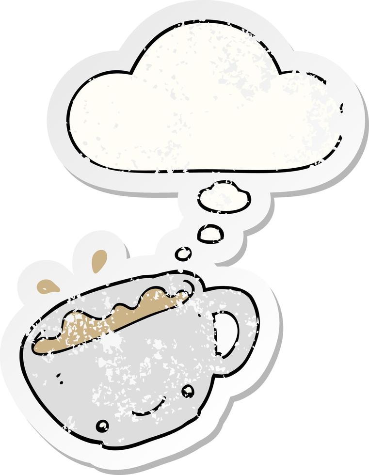 cartone animato tazza di caffè e fumetto come adesivo consumato in difficoltà vettore
