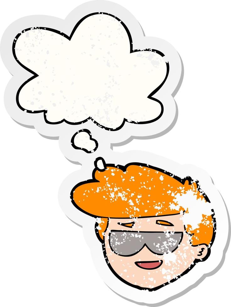 cartone animato ragazzo che indossa occhiali da sole e bolla di pensiero come un adesivo consumato in difficoltà vettore