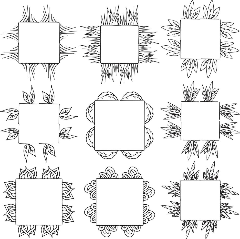 nove cornici quadrate con elementi decorativi. cornici isolate su sfondo bianco per il tuo design vettore