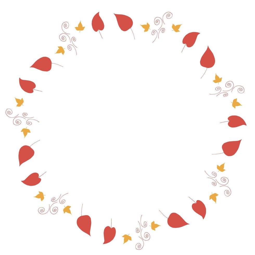 cornice rotonda con grandi foglie rosse, piccole foglie gialle ed elementi decorativi su sfondo bianco. corona isolata per il tuo design. vettore