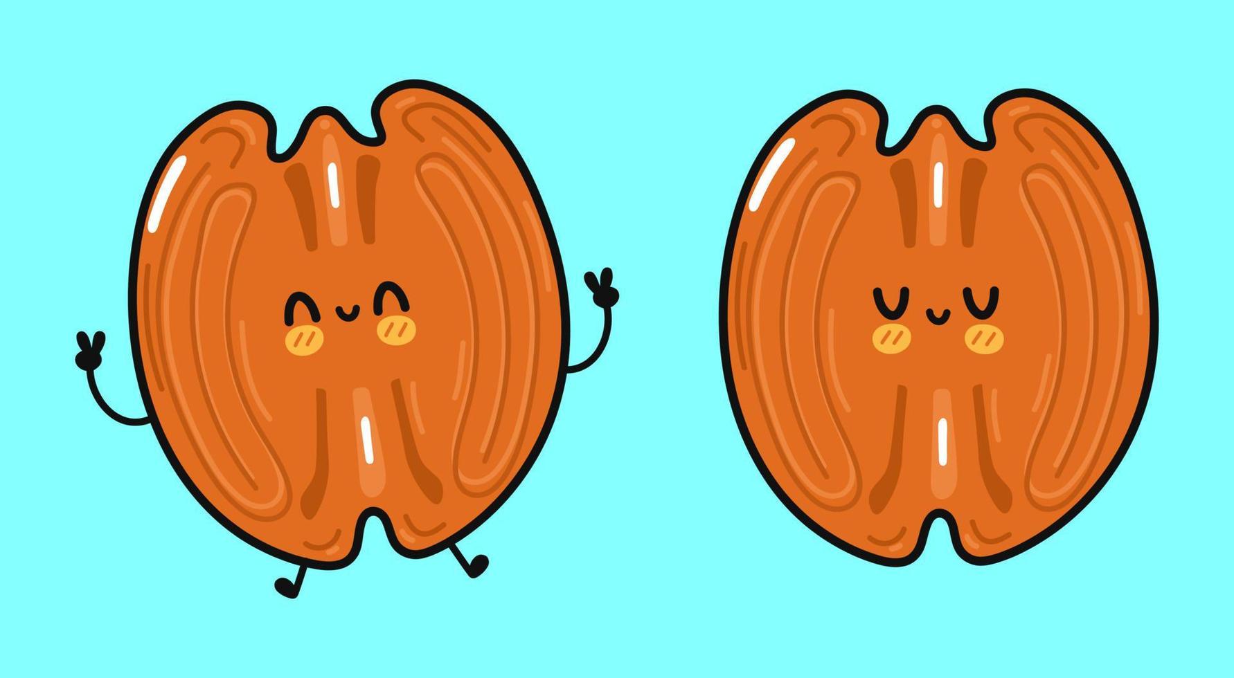 simpatico personaggio di pecan divertente. icona dell'illustrazione del carattere kawaii del fumetto disegnato a mano di vettore. isolato su sfondo blu. concetto di carattere pecan vettore