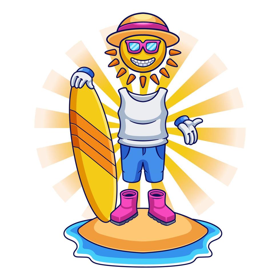 personaggio dei cartoni animati del sole sulla spiaggia e sulla tavola da surf. illustrazione estiva vettore