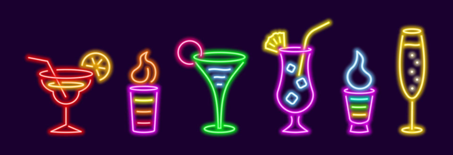 set di cocktail popolari colorati al neon. brillante b52 con crema irlandese con schiuma figurata in tazza di vetro. champagne d'élite con bollicine in vetro. pina colada brillante con fetta vettoriale di ananas