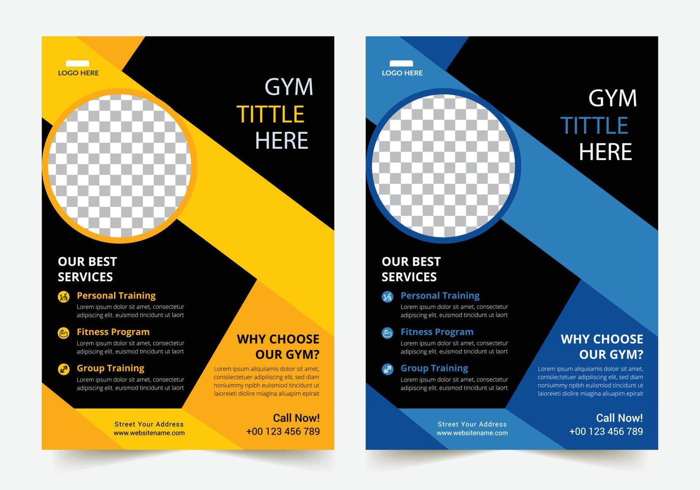 business fitness palestra flyer design di colore giallo e blu modello aziendale per la copertina dell'opuscolo aziendale del rapporto annuale vettore