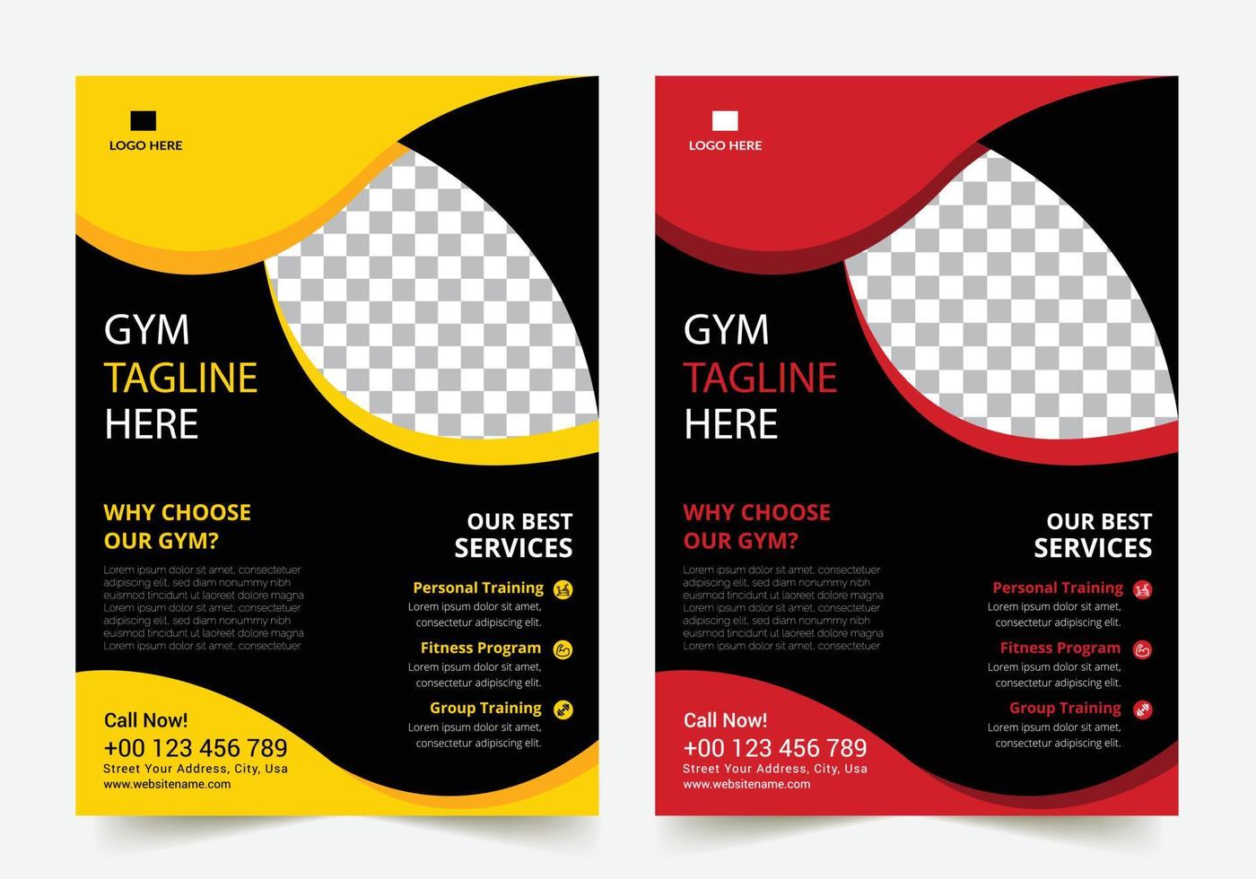 business gym fitness flyer design di colore giallo e rosso modello aziendale per la copertina dell'opuscolo aziendale della relazione annuale vettore