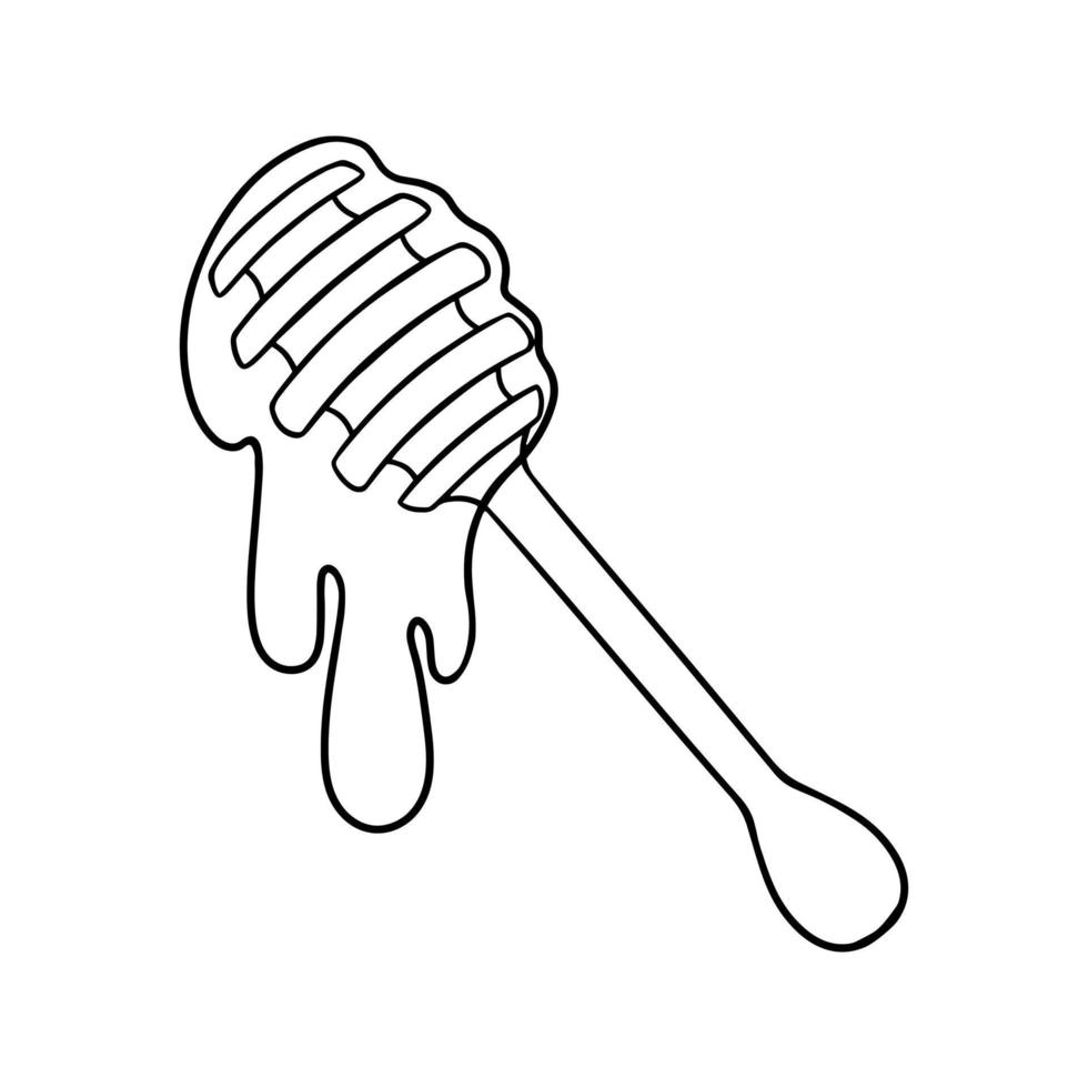 immagine monocromatica, miele che gocciola, cucchiaio di legno per miele, illustrazione vettoriale in stile cartone animato su sfondo bianco