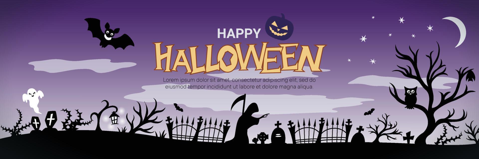 concetto di banner di halloween con cimitero silhouette, grim reaper, alberi inquietanti, pipistrelli e testo felice di halloween vettore