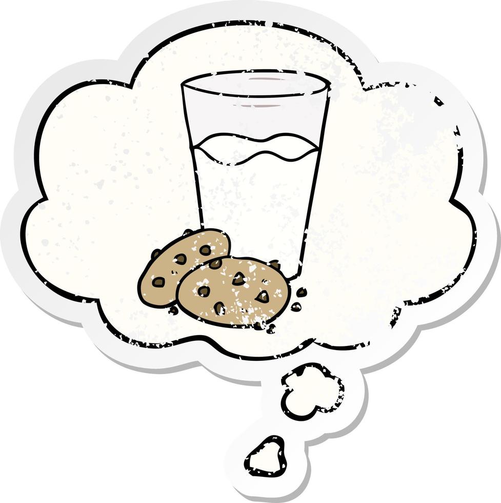 biscotti dei cartoni animati e latte e bolle di pensiero come un adesivo consumato in difficoltà vettore
