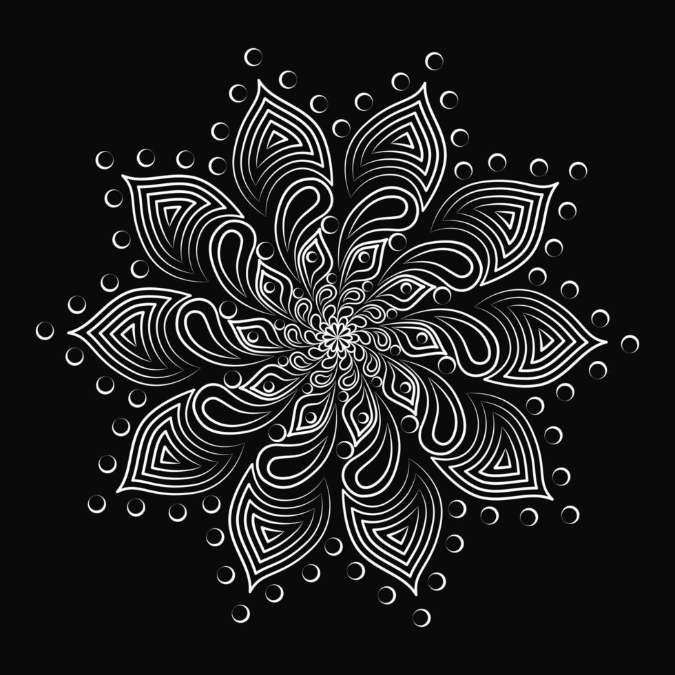 ornamento decorativo floreale rotondo vettoriale per design, motivi, stampe, giochi, decorazioni. illustrazione di arte linea bianca su sfondo nero. elementi d'epoca
