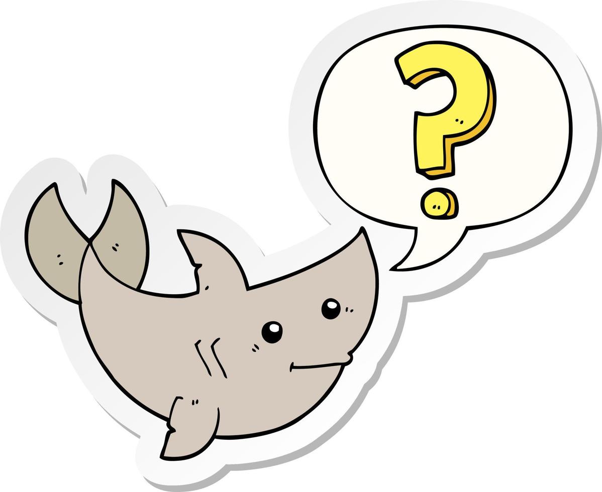 squalo cartone animato che fa domande e adesivo a fumetto vettore