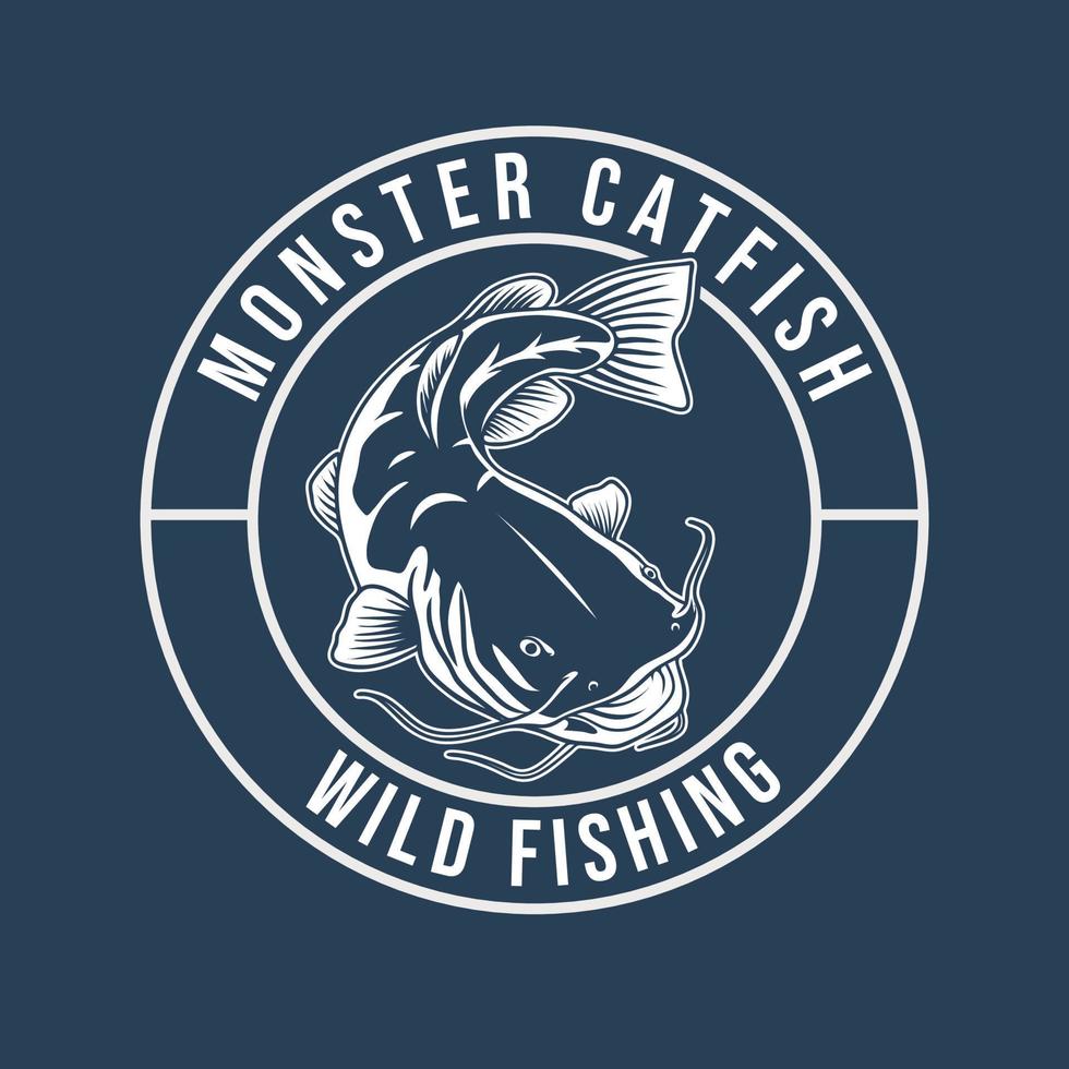 design del logo di pesca del pesce gatto, stile vintage vettore