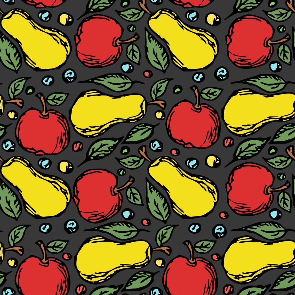 modello di frutta senza soluzione di continuità. sfondo colorato mela e pera. doodle illustrazione vettoriale con frutta