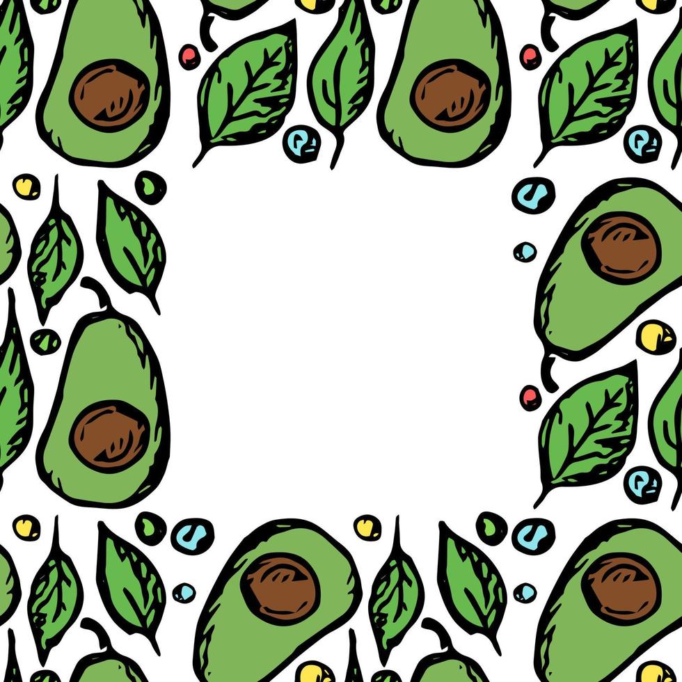 modello avocado senza cuciture con posto per il testo. sfondo di avocado colorato. doodle illustrazione vettoriale con frutta